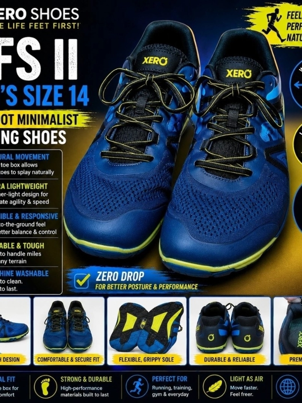Xero Shoes HFS II Men’s Size 14 Blue Aster Barefoot Minimalist Running Shoes